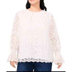 CeCe Womens White Floral Lace Long ruffled cuffs Blouse Top Size 2X Romantic